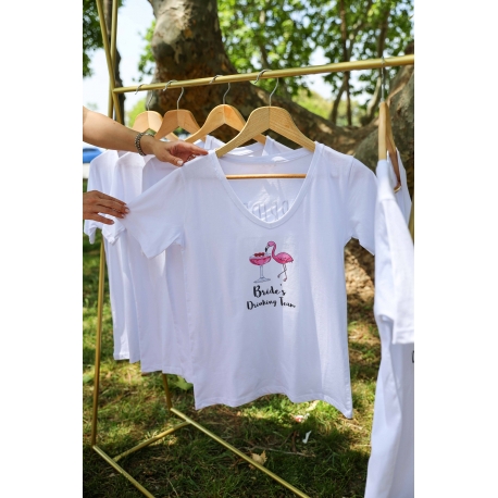 Bride's Drinking Team Baskılı Flamingo Detaylı Nedime Tişort