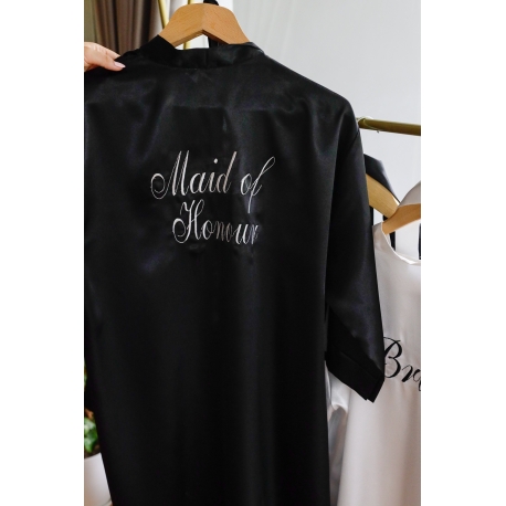 Maid of Honour Nakış İşlemeli Siyah Nedime Sabahlık