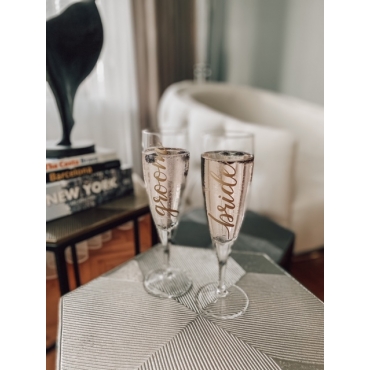 BRIDE - GROOM DORE BASKILI CAM ŞAMPANYA KADEHİ